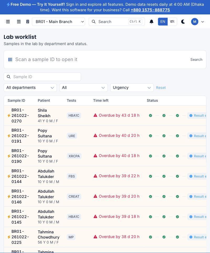 DT Medix lab worklist showing sample IDs, patients, tests and turnaround status