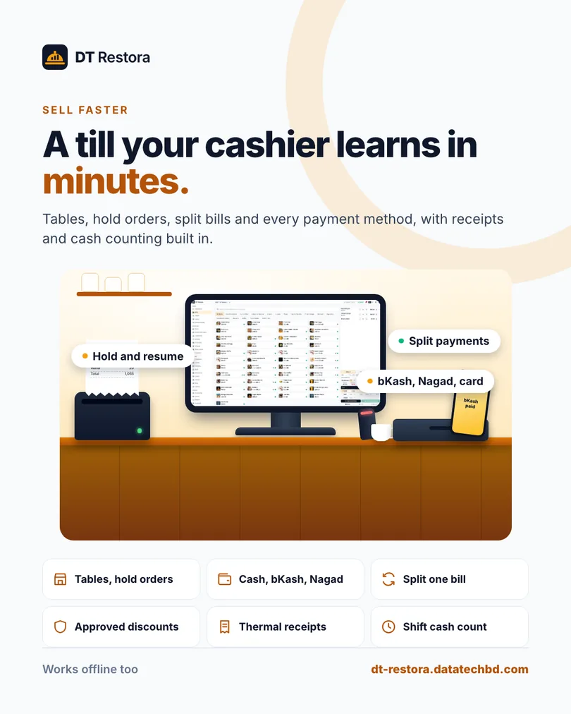 POS terminal desk illustration with split payments and receipts
