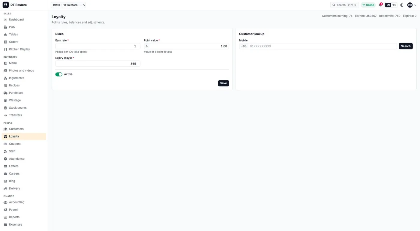 Loyalty settings screen with earn rate, redeem value and tiers
