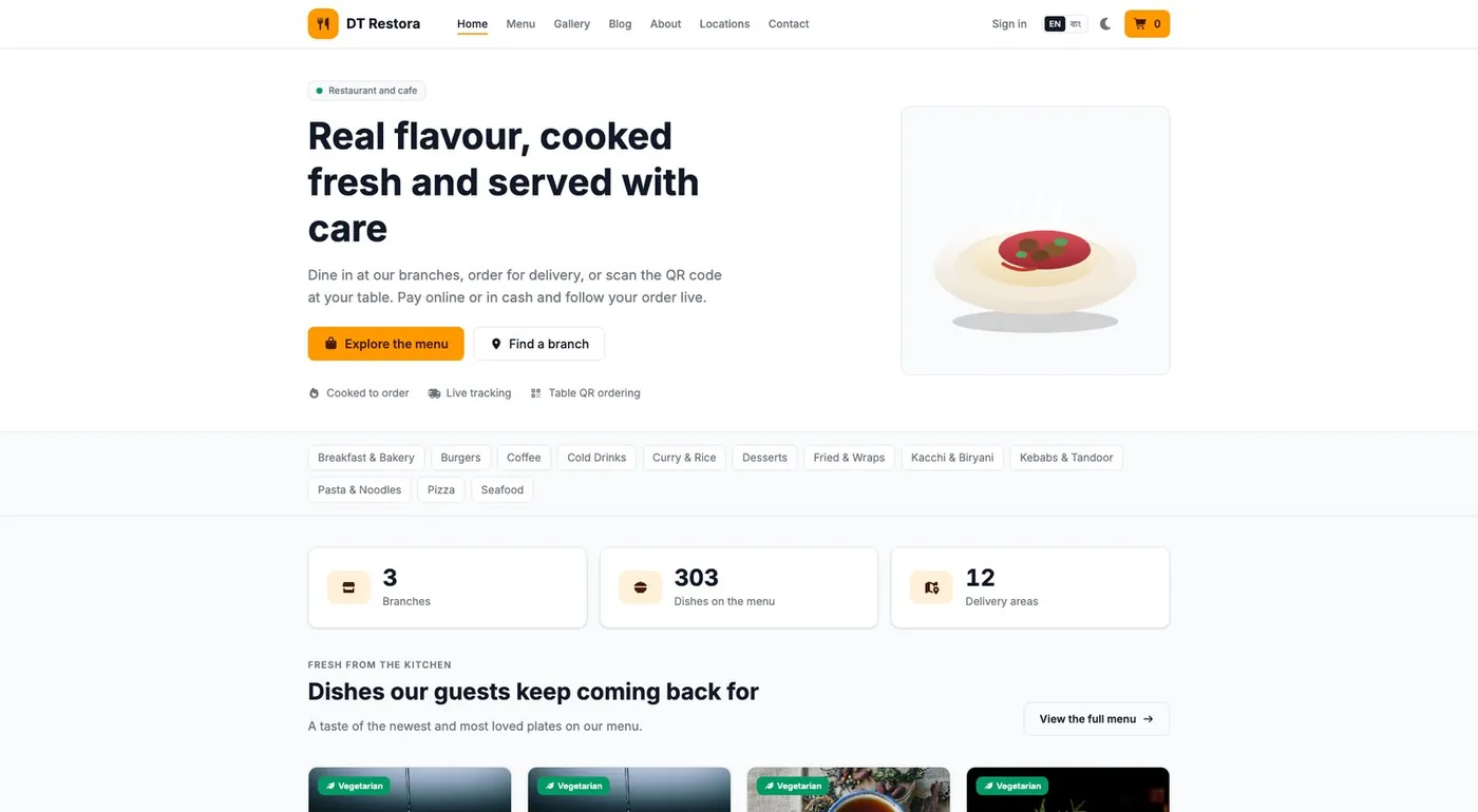 Restaurant ordering website home page
